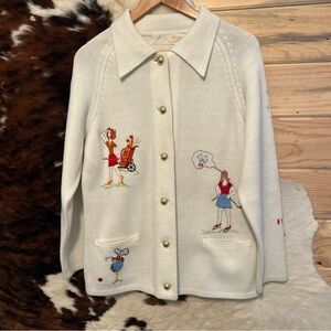 VTG Andreno Argento Womens Large White  Embroidered Novelty Golf Cardigan